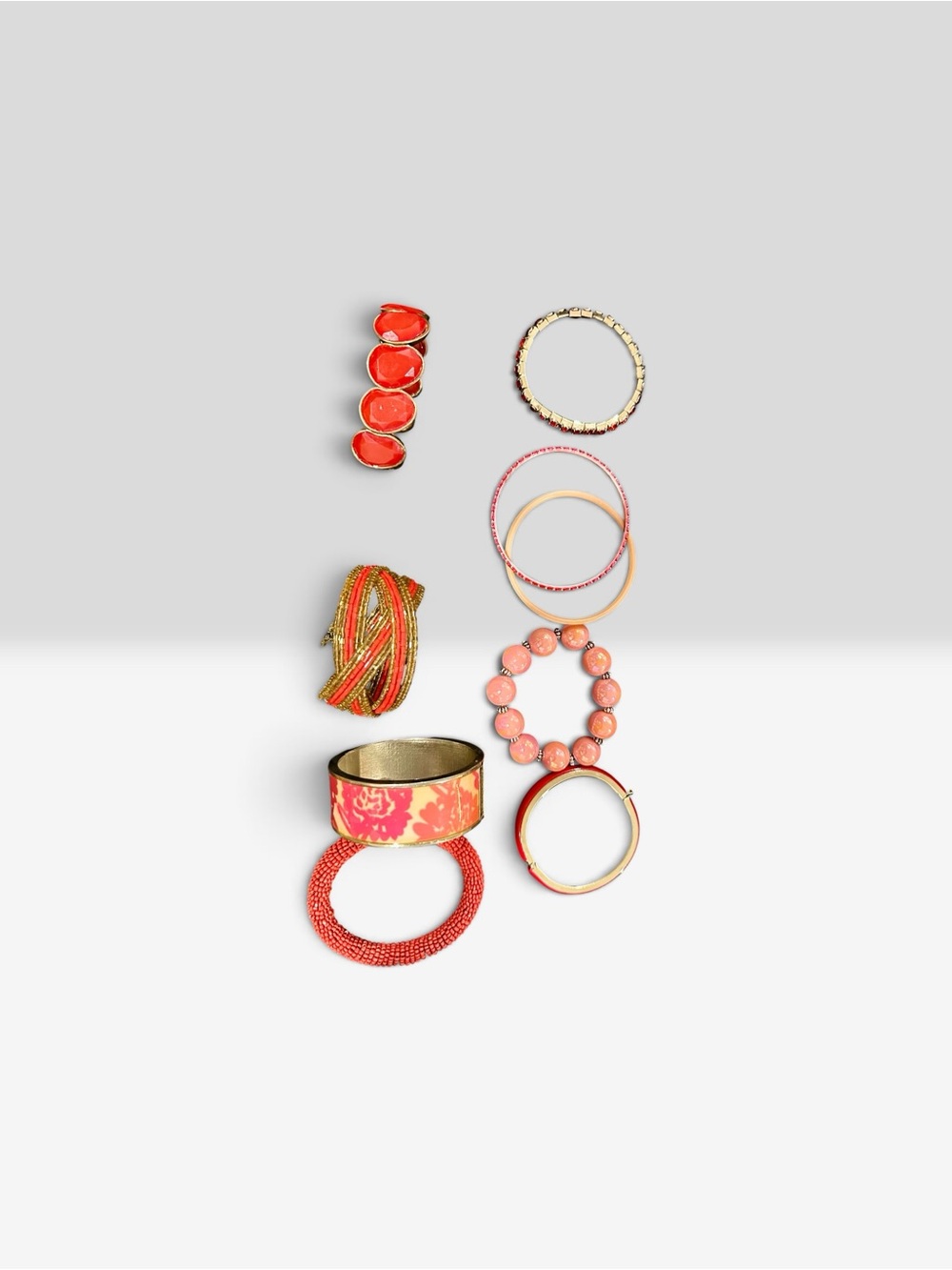 Boho Beaded Stackable Bracelet Set Red Coral Pink Floral Cuff Bangle Lot - Picture 7 of 8